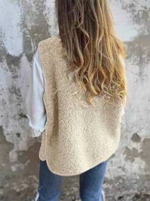 Autumn/Winter Casual Fashionable Fluffy Button Pocket Patchwork Warm Gilet Jacket