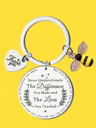 1pc Women's Men's Thank You Coworker Idea Gift Steel Heart Enamel Bee Charm Slogan May You Be Proud Of The Work You Do Never Underestimate The Difference You Made Flower Star Pattern Engraved Stainless Steel Keychain Cute Fashion Style Car Keychain Bag Charm Pendant For Colleagues Teacher Doctor Nurse Coworker Friend Bestie Gift