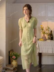 Simple Retro Dames lente en zomer resort stijl V-hals pofmouwen bloemen elegante retro elegante slanke maxi-jurk