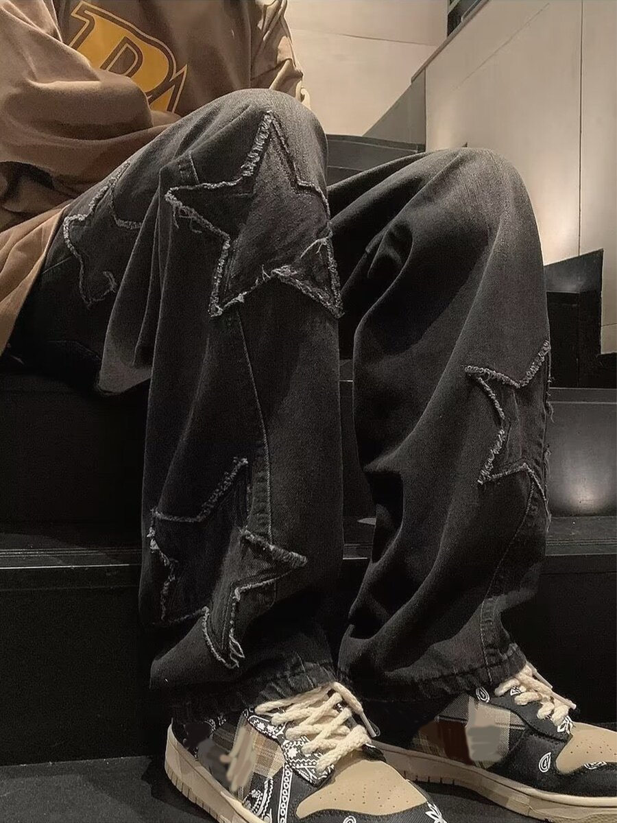 Jeans holgados de pierna recta para hombre con flecos y patrón de estrella,Grunge Punk Jeans de pierna recta - Negro - Ver 1