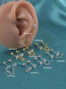 1 件不锈钢穿孔耳钉耳环吊坠方晶锆石耳链耳骨耳蜗耳蜗耳屏穿孔耳垂穿孔珠宝 - 如圖 - 查看 9