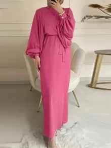 Stand Collar Floral Print Self-Tie Belted Long Sleeve Arabian Style Dress,Modest - Hot Pink - View 1