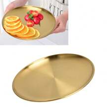 1pc, Dinner Plate, Stainless Steel Food Serving Tray, Large Round Tray Platter For Barbecue Cake Salad Dish For Home Restaurant