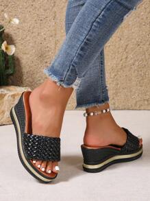 Sandalias de cuña con suela gruesa, nuevas para el verano de 2025. Sandalias casuales de tacón alto versátiles y de moda, con suela abierta para mujeres, con decoración de hebilla, elegantes sandalias de mujer - Negro - Ver 5