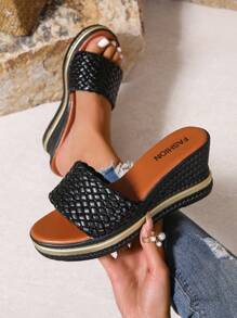 Sandalias de cuña con suela gruesa, nuevas para el verano de 2025. Sandalias casuales de tacón alto versátiles y de moda, con suela abierta para mujeres, con decoración de hebilla, elegantes sandalias de mujer - Negro - Ver 1