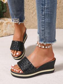 Sandalias de cuña con suela gruesa, nuevas para el verano de 2025. Sandalias casuales de tacón alto versátiles y de moda, con suela abierta para mujeres, con decoración de hebilla, elegantes sandalias de mujer - Negro - Ver 4