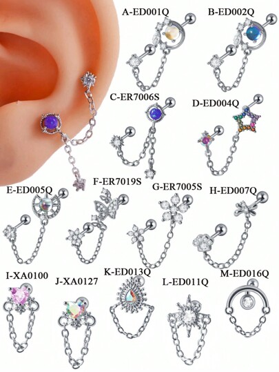 1PC Stainless Steel Marquise Cz Ear Cartilage Piercing Zirconia Dangle Chain Earring Daith Tragus Helix Lobe Piercing Body Jewelry