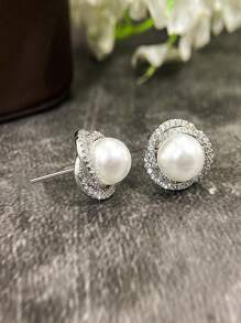 1 对时尚仿珍珠耳环女士白金色花朵耳环水晶首饰派对适用
