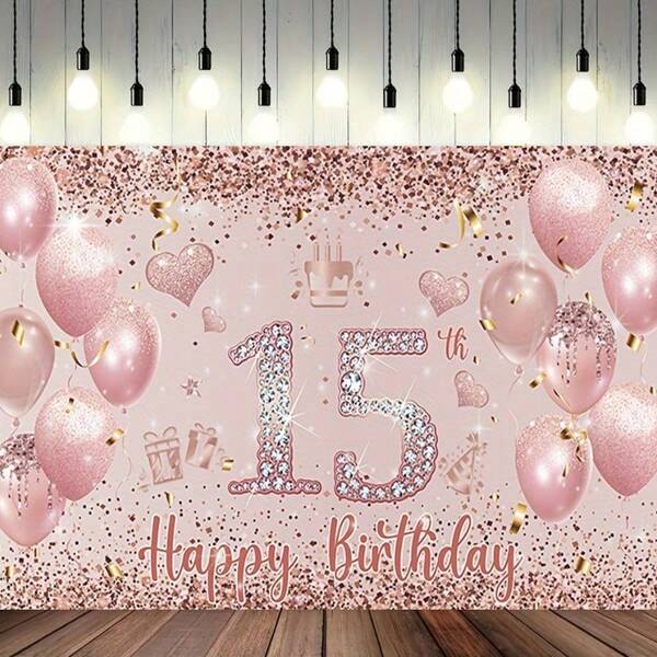 Striscione di compleanno per il 15° compleanno - Sfondo di festa multiuso in vinile, adatto per uso interno/esterno, con palloncini rosa e disegno di coriandoli, senza bisogno di elettricità, ottimo per la decorazione di stanze e giardini