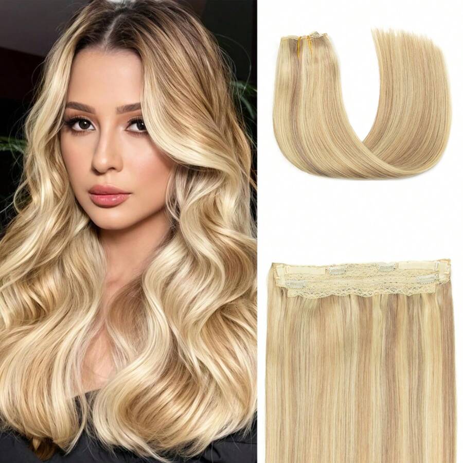 Invisible Wire Clip In Hair Extensions Human Hair Fish Wire Line 4 Clips One Piece Real Natural Hairpieces 12"-20" Add Volume Clip On Hair - S18/613 - View 1
