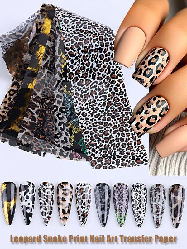 10 Fogli/Set Carta da Trasferimento per arte di unghie con Texture Animali, Adesivi per Manicure con Motivi Leopardati, Serpente, Mucca, per Decorazione Unghie Invernale Carina, per Nail Salon e Fai da Te (Adesivo Non Incluso)