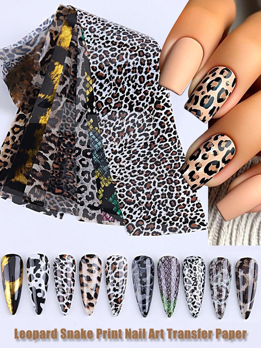 10 Sheets/Set Animal Texture Nail Art Transfer Paper, Leopard Snake Cow Texture Pattern Nail Transfer Stickers Winter Cute Nail Art Decoration Nail Salon DIY (Adhesive Not Included)