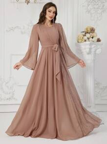 SUPGIR Women's Off-Shoulder Flare Sleeve Waist Tie Chiffon Patchwork Cocktail Party Dress - Dusty Pink - View 5
