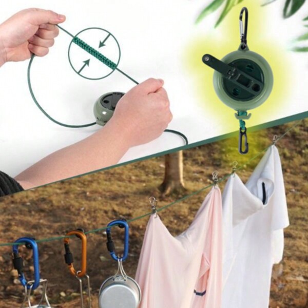 Tendedero portátil para exteriores, con manivela, para viajes, viajes de negocios, hoteles, antideslizante, resistente al viento, retráctil, sin perforaciones, tendedero invisible, se puede utilizar como cuerda de fijación de tiendas de campaña, cuerda de pesca