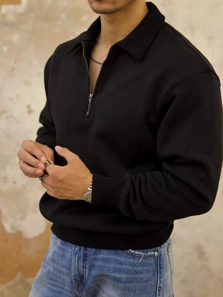 Sudadera con capucha para hombre de manga larga de medio cierre con unicolor y material grueso