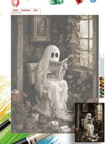 Diamond Painting Artwork Of "Ghost In The Toilet Reading Newspaper" - New DIY Handmade Stress Relief Diamond Sticker Painting, Halloween Theme, Unframed Round Diamond Decor Hanging Picture - Multicolor - View 9