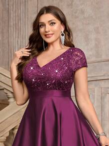 Plus V-Neck Lace Sequin Insert Contrast Satin High Low A-Line Hem Evening Party Formal Dress, Prom Dress, Wedding Guest Dress, New Year Dress, For Birthday, Homecoming, Festivals - Maroon - View 8