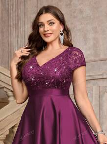Plus V-Neck Lace Sequin Insert Contrast Satin High Low A-Line Hem Evening Party Formal Dress
