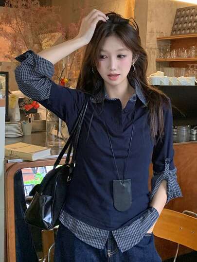 二合一撞色拼接长袖Polo衫，新款学院风修身针织上衣，休闲春季款