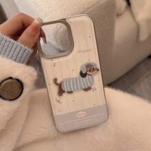 1 Stück süßer Dackel Hund PU Leder strukturierte blau-weiß gestreifte Patchwork Stickerei blaue Handyhülle mit versilberter Metallumrandung, passend für 16 Pro/15 Pro Max/14 Pro/13