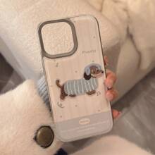 1 Stück süßer Dackel Hund PU Leder strukturierte blau-weiß gestreifte Patchwork Stickerei blaue Handyhülle mit versilberter Metallumrandung, passend für 16 Pro/15 Pro Max/14 Pro/13