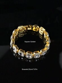 kuuioe 1 件装欧美时尚链条水钻手链方形水钻圆形心形女士复古朋克风格嘻哈珠宝情人节 - 銀色 - 查看 11