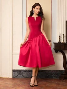 Amyenjoylife Women's Solid Color V-Neck Patchwork Waist Dress, Suitable For Evening Party, Date Night, Formal Gown - Red - View 5