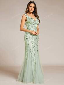 EVER-PRETTY Elegant Sequins Embroidered V-Neck Fishtail Sparkly Floral Sequin Sage Green Prom Evening Dress For Dinner, Party Dress, Wedding Guest Dress, Formal Dress,Gown