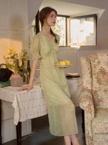 Simple Retro Dames lente en zomer resort stijl V-hals pofmouwen bloemen elegante retro elegante slanke maxi-jurk