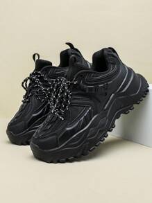 Comfortable Minimalist Stylish Outdoor Walking Casual Shoes, Urban Tie Commuting Fitness Travel Chunky Sneakers, Round Toe Low Top Color Block Versatile Sports Shoes, Perfect Gift For Holidays, Men's