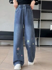Girls' Floral Elastic Waist Pocket Casual Loose Straight Jeans - Blue - View 3