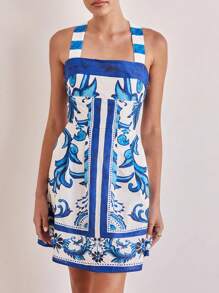 Women Sleeveless Dress Summer Casual Vintage Print Cross Straps Mini Party Dress For Beach Club Streetwear - 藍色 - 查看 3
