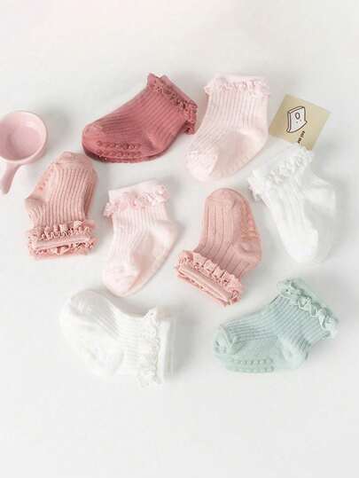 4 Pairs Baby/Toddler Solid Color Socks, Cute Anti-Slip Lace Trim Ruffle Socks, Soft Breathable Thin Socks For Newborn/0-2 Years Old, Suitable For Floors, Random Color, Great For New Year Gifts, Back To School, Kids Activities