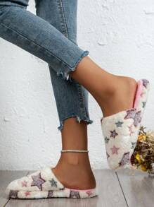 Pantuflas para mujer con diseño de estrella de 5 puntas, suela absorbente y gruesa, cómodas y esponjosas pantuflas de peluche, adecuadas para primavera, verano, otoño e invierno - Beis - Ver 5