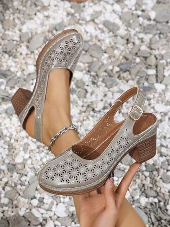 女士夏季新款镂空透气圆头高跟凉鞋，时尚休闲法式粗跟