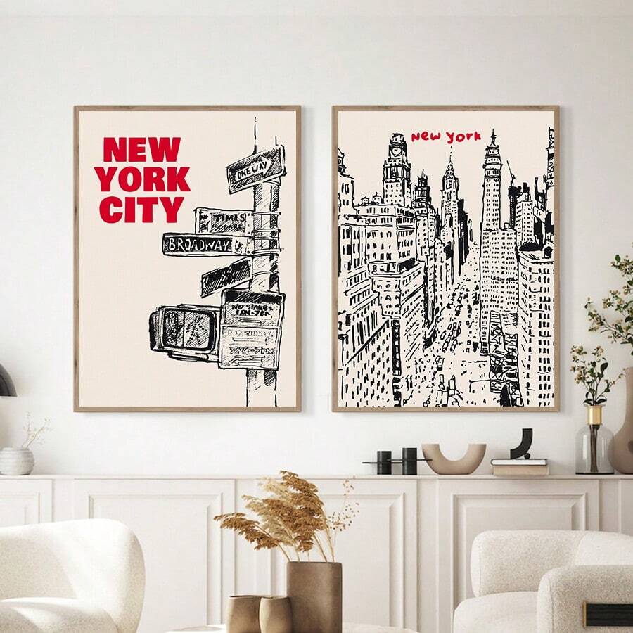 1/2幅纽约市墙面艺术画，纽约天际线和街道标志印刷帆布画，复古纽约海报，现代简约装饰，适用于卧室、客厅或办公室家居装饰，无框 - 彩色 - 查看 1