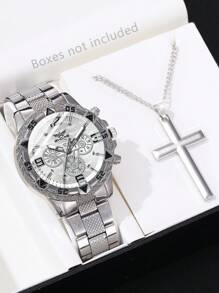2Pcs Men's Golden Strap Fashionable Casual Business Classic Three Eyed Circular Dial Quartz Watch Cross Necklace Jewelry Set For Daily Wear Or Holiday Gift Giving