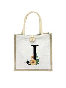 Daisy Flowers Initials Pattern Handbag,Letters A-Z Printed Linen Handbag,Small Floral Linen Button Decorative Handbag - White - View 23