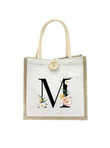 Daisy Flowers Initials Pattern Handbag,Letters A-Z Printed Linen Handbag,Small Floral Linen Button Decorative Handbag - White - View 18