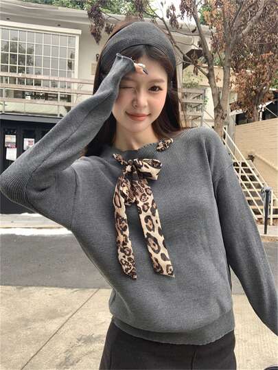 RUIWY Women's Leopard Print Scarf Tie Knit Sweater, Loose Slouchy Style Long Sleeve Knitwear, Spring