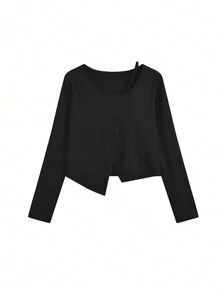 Women Asymmetrical Design Oblique Button Crop Short Sleeve T-Shirt, Stylish And Slim Fit,Autumn