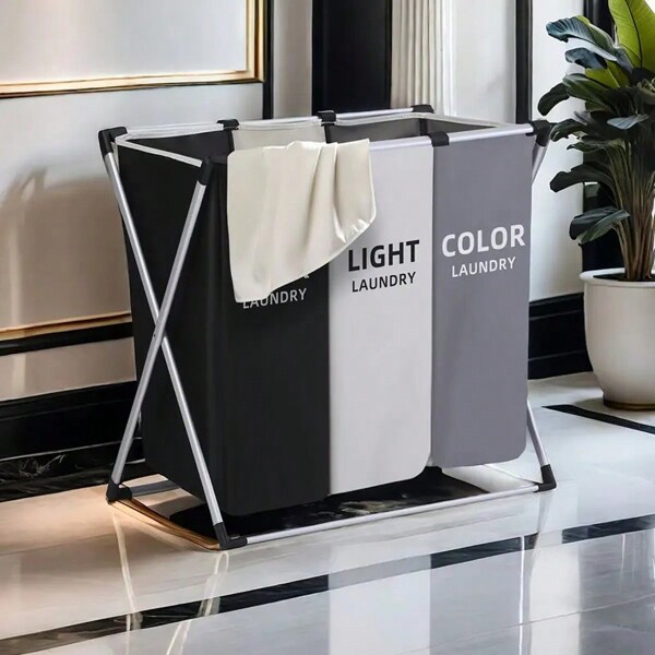 Collapsible Laundry Basket 3 Compartments Foldable & Washable Washing Basket Large Laundry Sorter With Aluminum Bracket And Handle For Laundry Room, Bedroom