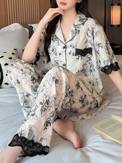 2pcs/Set Women Lace Trim Pajamas - Contrast Color Short Sleeve Top & Long Pants Set, Casual & Comfortable, All Season,Two Pieces Set