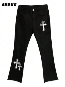 Men's Solid Slant Pocket Slim Fit Jeans Long Washed Flare Cross Print Jeans Solid Black Party Streetwear, Rapper, Emo Style