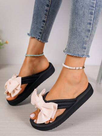 Women's Bow Decor Flip Flops, Fashion Outdoor High Heel Slip-On, Non-Slip Thick Sole, Beach, Holiday, Daily Casual Wear