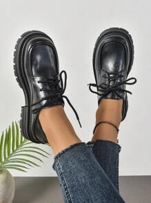 British Style Chunky Sole Leather Women Loafers, Versatile Round Toe Casual Shoes For Spring/Autumn