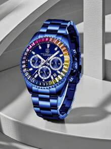 1pc Luxury Business Men's Watch, Chronograph, Rainbow Case Men's Stainless Steel Strap Calendar Night Light Quartz Watch, Men's Casual Watch, Waterproof Clock Women's Watch+Free Chain Link Remover