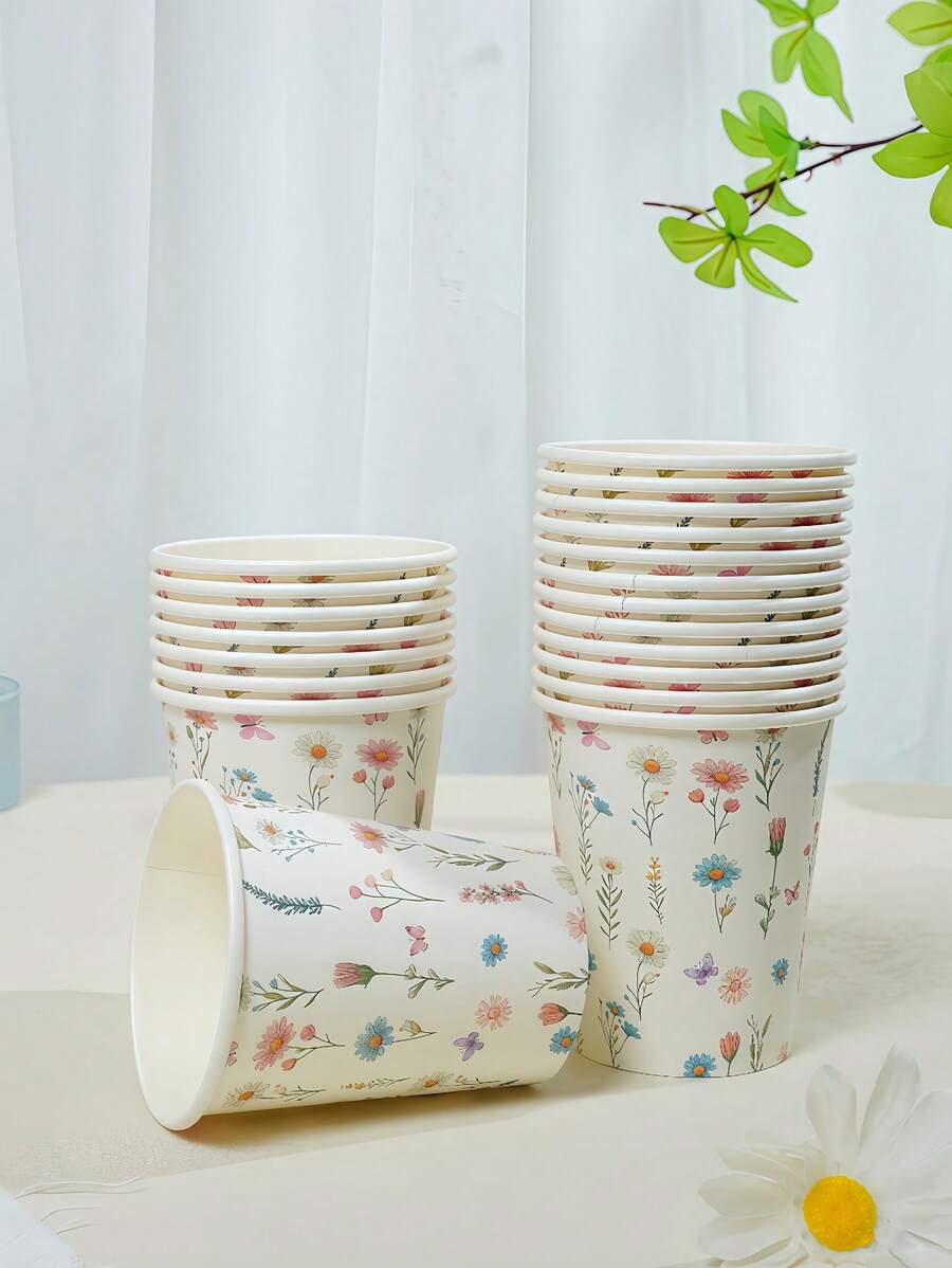 10/25/50, 9-Ounce Paper Cups, Fresh Floral Theme, Disposable Bathroom Cups, Mouthwash Cups, Paper Sample Cups, Disposable Drinking Cups, Party, Home And Office Paper Cups, Reception Guests, Friends, Disposable Espresso Cups, Water, Juice, Candy And Snack Cups, New Mom Bath, New Year Gifts, Suitable For Various Holidays - Multicolor - View 1