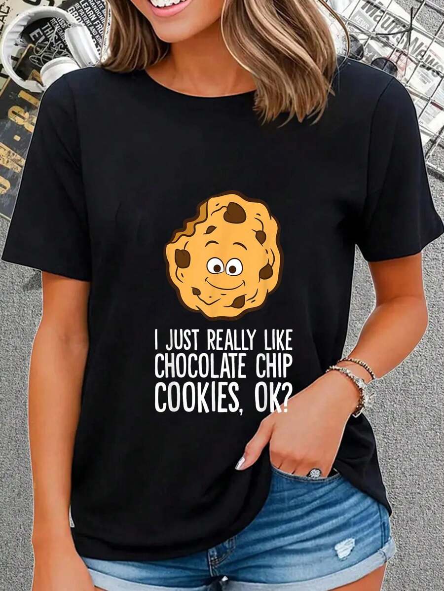 100% Cotton I Just Really Like Chocolate Chip Cookies Ok? Funny Cookies T-Shirt - Black - View 1