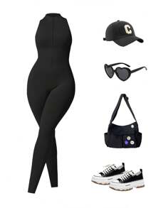 DINBEY Mono sin mangas de unicolor con cremallera para mujeres, ideal para yoga y actividades al aire libre, que levanta las caderas y estiliza el vientre. Apto para primavera y verano.